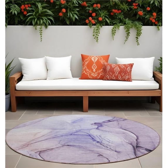 HomeRoots 559411 8 ft. Round Gray & Purple Round Abstract Washable Non Skid Indoor Outdoor Machine Woven Area Rug