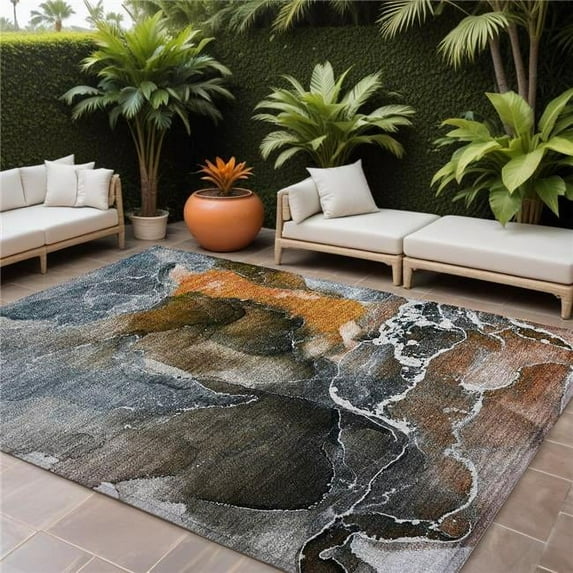 HomeRoots 559466 8 x 10 ft. Orange Abstract Washable Non Skid Indoor Outdoor Rectangle Machine Woven Area Rug