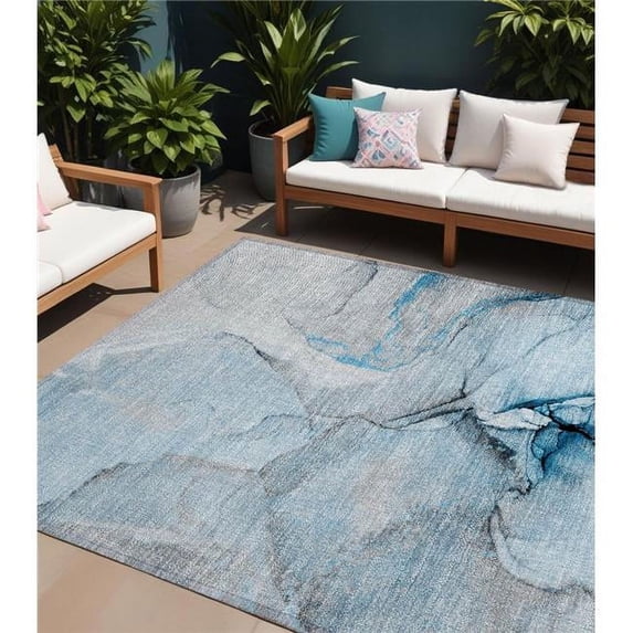 HomeRoots 559682 8 x 10 ft. Blue & Ivory Abstract Washable Non Skid Indoor Outdoor Rectangle Machine Woven Area Rug