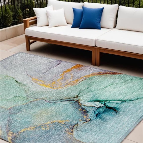HomeRoots 559720 10 x 14 ft. Teal Abstract Washable Non Skid Indoor Outdoor Rectangle Machine Woven Area Rug