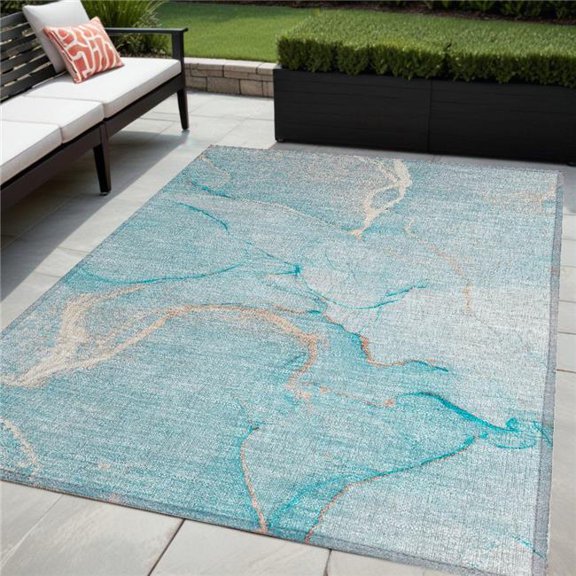 HomeRoots 559906 5 x 8 ft. Teal Abstract Washable Non Skid Indoor Outdoor Rectangle Machine Woven Area Rug