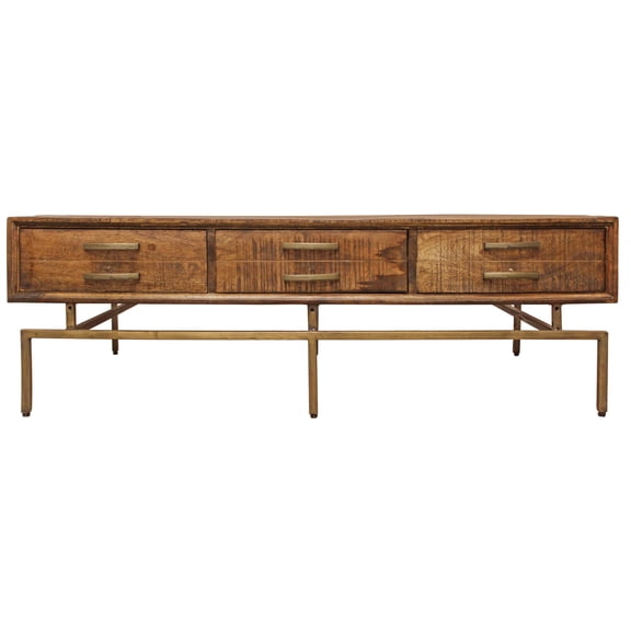 56" Brass And Brown Solid Wood Rectangular Distressed Storage Coffee Table