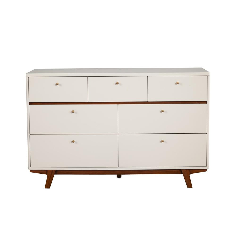56" White and Brown Mahogany Mid-Century Modern Double Dresser