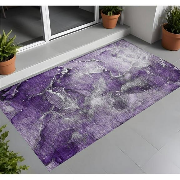 HomeRoots 560319 2 x 3 ft. Gray & Purple Abstract Washable Non Skid Indoor Outdoor Rectangle Machine Woven Area Rug
