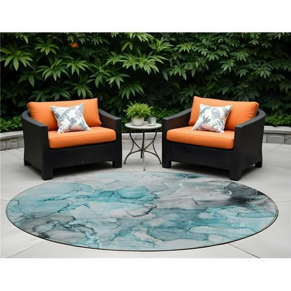 HomeRoots 560434 8 ft. Round Teal Round Abstract Washable Non Skid Indoor Outdoor Machine Woven Area Rug
