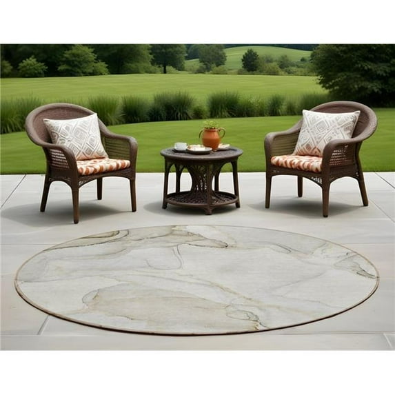 HomeRoots 560542 8 ft. Round Beige & Ivory Round Abstract Washable Non Skid Indoor Outdoor Machine Woven Area Rug
