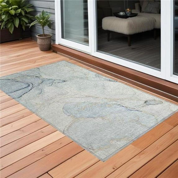 HomeRoots 560555 2 x 3 ft. Beige & Blue Abstract Washable Non Skid Indoor Outdoor Rectangle Machine Woven Area Rug