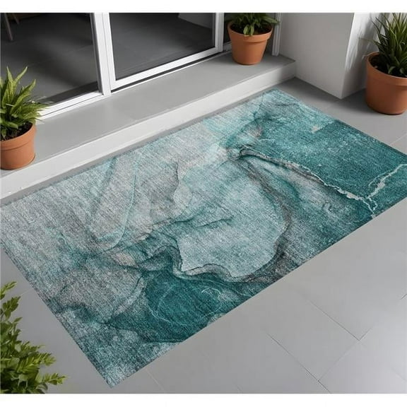 HomeRoots 560600 2 x 3 ft. Teal Abstract Washable Non Skid Indoor Outdoor Rectangle Machine Woven Area Rug
