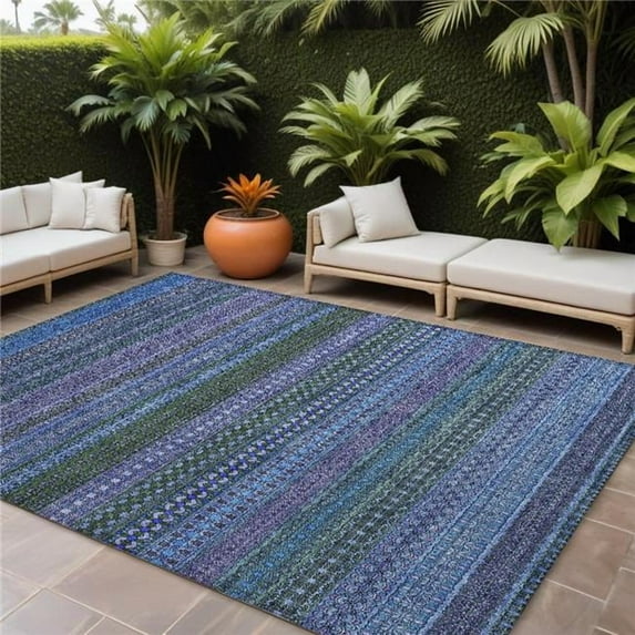 HomeRoots 560696 8 x 10 ft. Blue & Green Striped Washable Non Skid Indoor Outdoor Rectangle Machine Woven Area Rug
