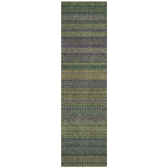 HomeRoots 560754 8 ft. Runner Olive Green Striped Washable Non Skid Indoor Outdoor Runner Machine Woven Rug