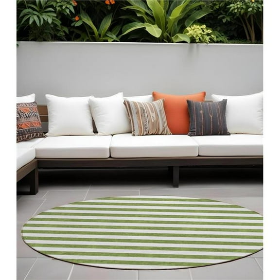HomeRoots 560884 8 ft. Round Olive Green Round Striped Washable Non Skid Indoor Outdoor Machine Woven Area Rug