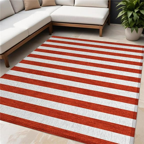HomeRoots 560928 5 x 8 ft. Red & White Striped Washable Non Skid Indoor Outdoor Rectangle Machine Woven Area Rug