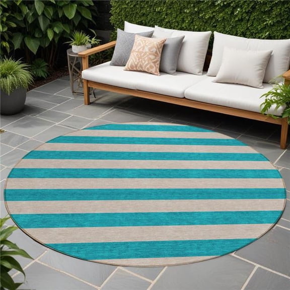 HomeRoots 561127 8 ft. Round Turquoise Round Striped Washable Non Skid Indoor Outdoor Machine Woven Area Rug