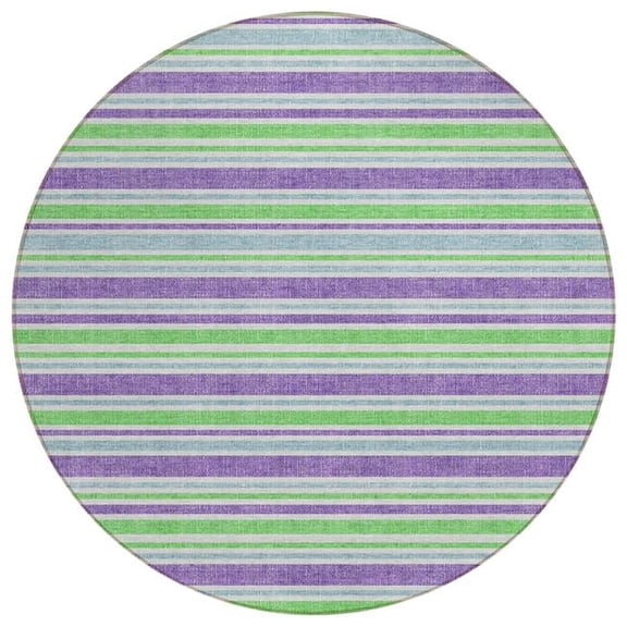 HomeRoots 561199 8 ft. Round Lime Green Round Striped Washable Non Skid Indoor Outdoor Machine Woven Area Rug