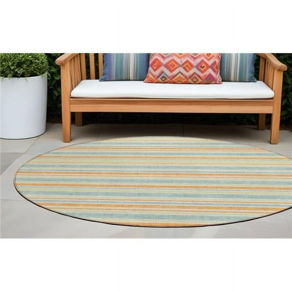 HomeRoots 561226 8 ft. Round Orange Round Striped Washable Non Skid Indoor Outdoor Machine Woven Area Rug