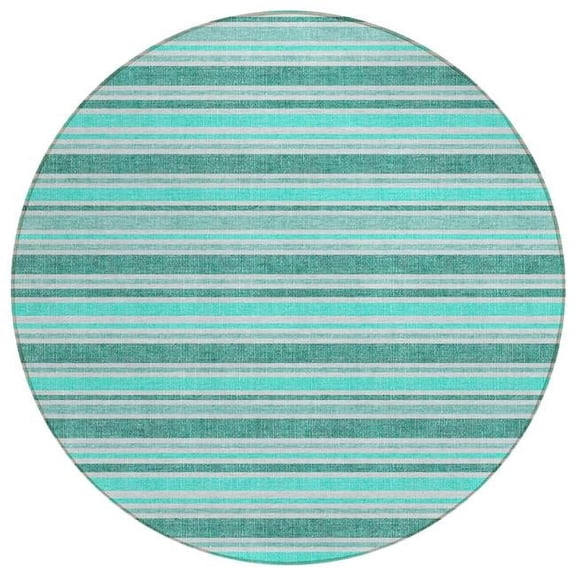 HomeRoots 561289 8 ft. Round Turquoise Round Striped Washable Non Skid Indoor Outdoor Machine Woven Area Rug