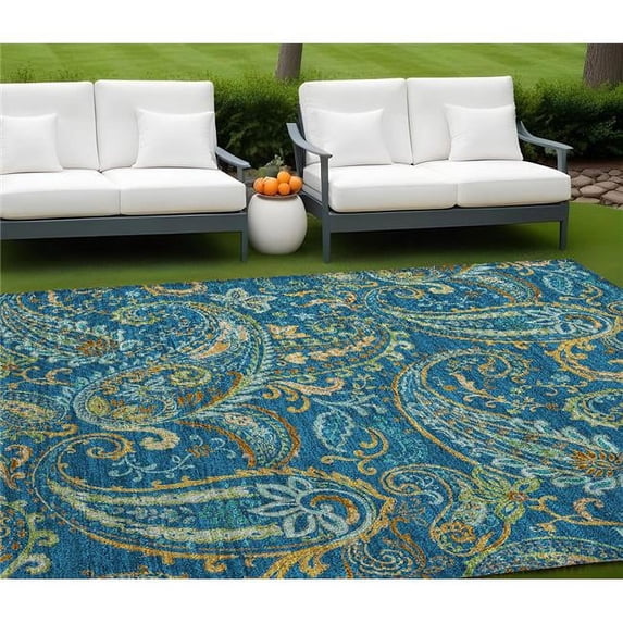 HomeRoots 561434 8 x 10 ft. Navy Blue Paisley Washable Non Skid Indoor Outdoor Rectangle Machine Woven Area Rug
