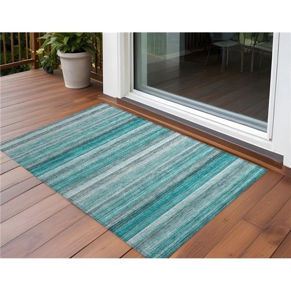 HomeRoots 561538 2 x 3 ft. Teal Striped Washable Non Skid Indoor Outdoor Rectangle Machine Woven Area Rug