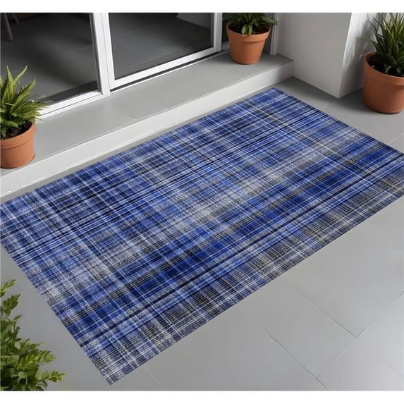 HomeRoots 561888 3 x 5 ft. Navy Blue Plaid Washable Non Skid Indoor Outdoor Rectangle Machine Woven Area Rug