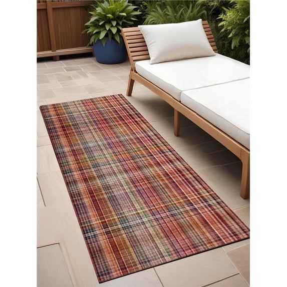 HomeRoots 561913 8 ft. Runner Red Plaid Washable Non Skid Indoor Outdoor Runner Machine Woven Rug