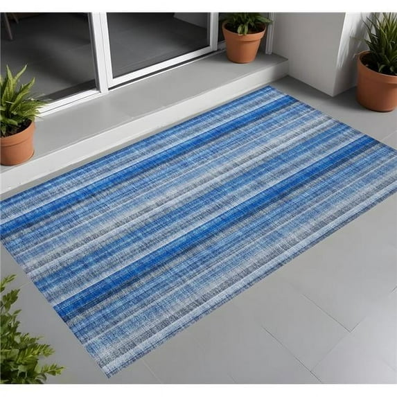 HomeRoots 562020 2 x 3 ft. Blue Striped Washable Non Skid Indoor Outdoor Rectangle Machine Woven Area Rug