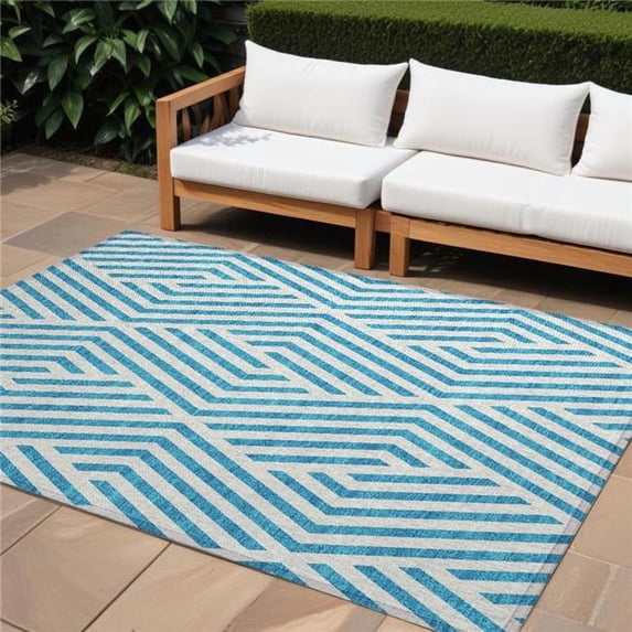 HomeRoots 562386 8 x 10 ft. Teal & White Geometric Washable Non Skid Indoor Outdoor Rectangle Machine Woven Area Rug