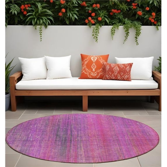 HomeRoots 562601 8 ft. Round Lilac Round Striped Washable Non Skid Indoor Outdoor Machine Woven Area Rug