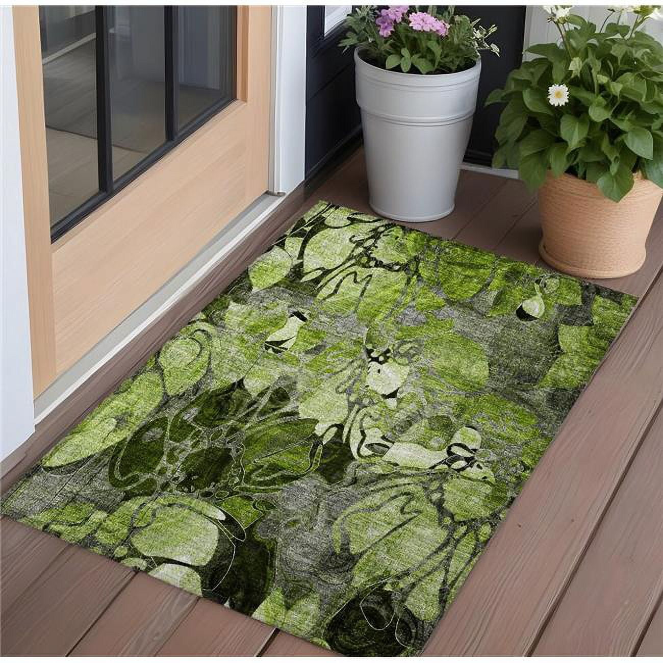 Fern Green and Gray Floral Washable Polyester Outdoor Rug