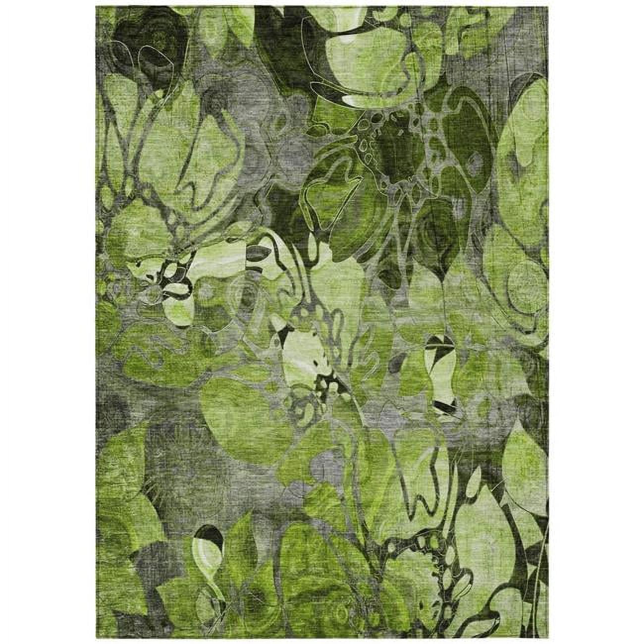 Fern Green and Gray Floral Washable Synthetic 8' x 10' Area Rug