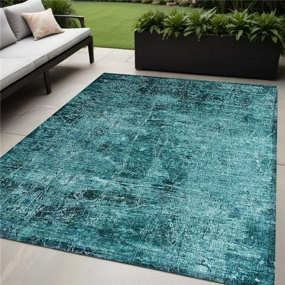 HomeRoots 563155 5 x 8 ft. Teal Abstract Washable Non Skid Indoor Outdoor Rectangle Machine Woven Area Rug