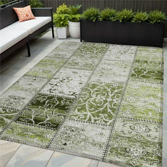HomeRoots 563560 5 x 8 ft. Green Patchwork Washable Non Skid Indoor Outdoor Rectangle Machine Woven Area Rug