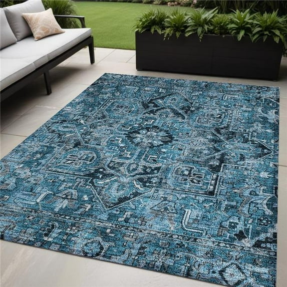 HomeRoots 563749 5 x 8 ft. Denim & Gray Oriental Washable Non Skid Indoor Outdoor Rectangle Machine Woven Area Rug