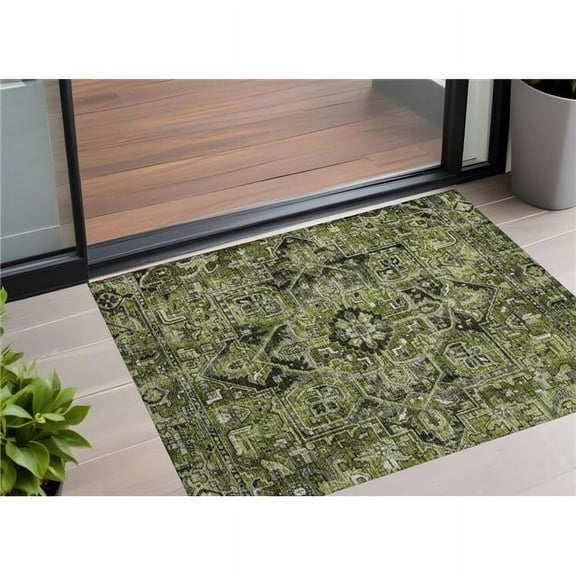 HomeRoots 563775 3 x 5 ft. Olive Green & Dark Green Oriental Washable Non Skid Indoor Outdoor Rectangle Machine Woven Area Rug