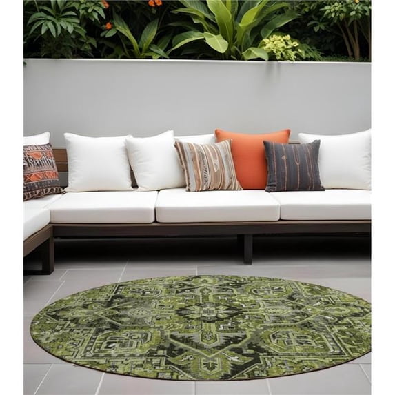 HomeRoots 563777 8 ft. Round Olive Green & Dark Green Round Oriental Washable Non Skid Indoor Outdoor Machine Woven Area Rug