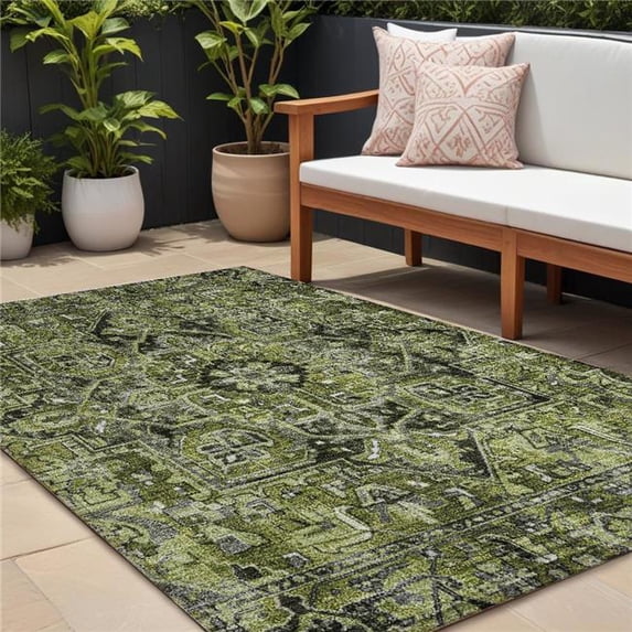 HomeRoots 563779 9 x 12 ft. Olive Green & Dark Green Oriental Washable Non Skid Indoor Outdoor Rectangle Machine Woven Area Rug
