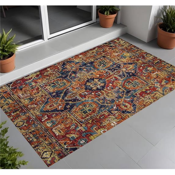HomeRoots 563781 2 x 3 ft. Red Orange & Blue Oriental Washable Non Skid Indoor Outdoor Rectangle Machine Woven Area Rug