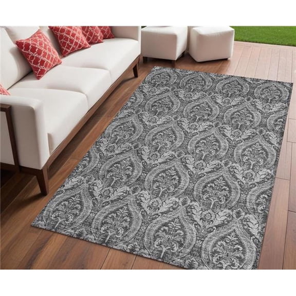 HomeRoots 563875 5 x 8 ft. Gray Damask Washable Non Skid Indoor Outdoor Rectangle Machine Woven Area Rug