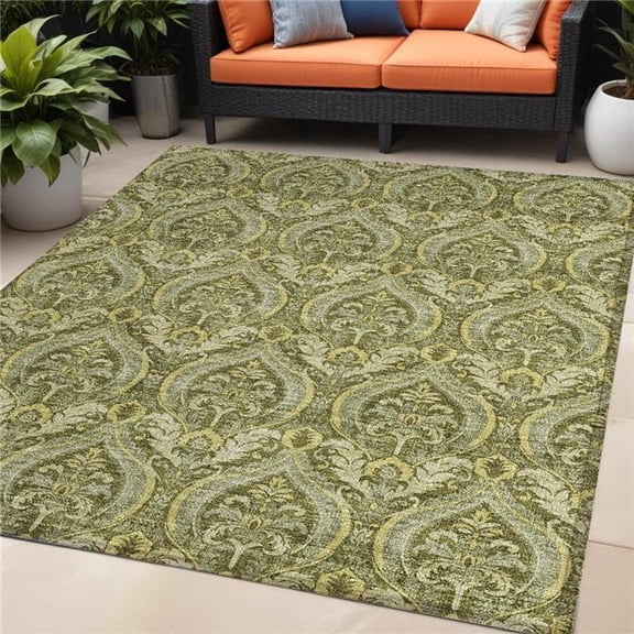 HomeRoots 563884 5 x 8 ft. Green Damask Washable Non Skid Indoor Outdoor Rectangle Machine Woven Area Rug