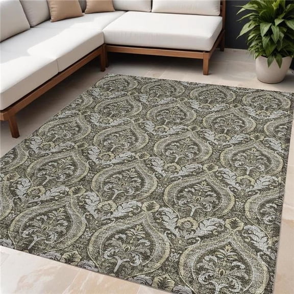 HomeRoots 563893 5 x 8 ft. Taupe & Beige Damask Washable Non Skid Indoor Outdoor Rectangle Machine Woven Area Rug