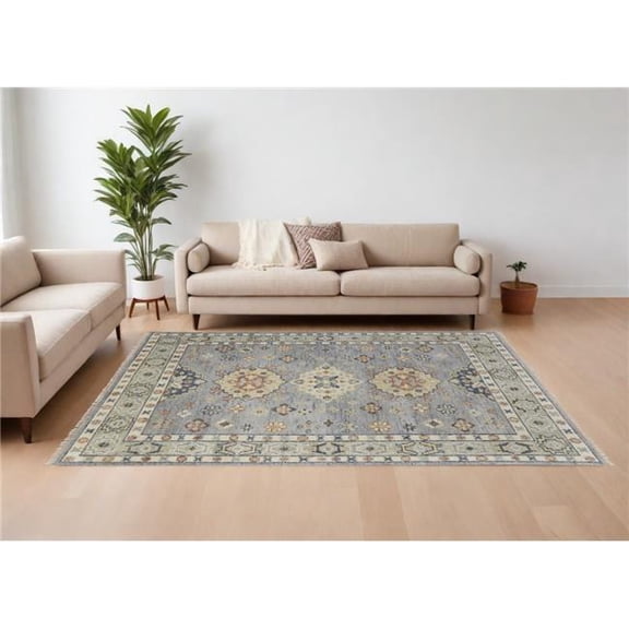 HomeRoots 567129 12 x 15 ft. Wool Geometric Hand Knotted Rectangle Area Rug with Fringe, Gray, Blue & Taupe