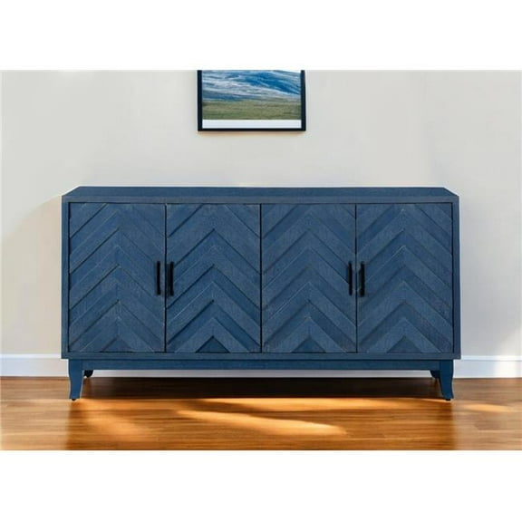 HomeRoots 568406 60 in. Blue Textural Chevron Distressed Wood Sideboard with Four Doors