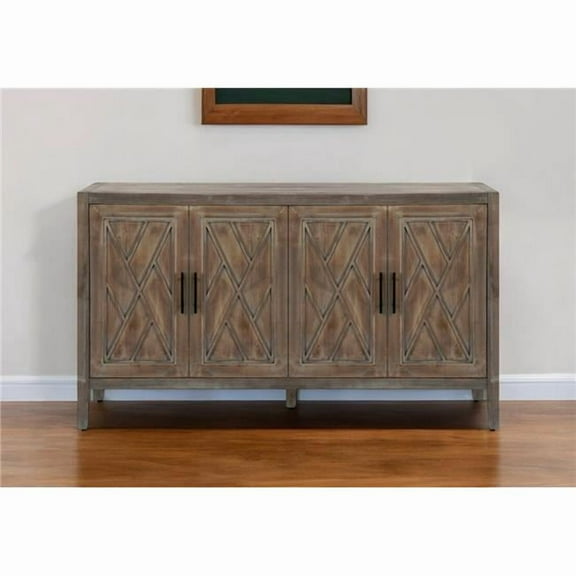 HomeRoots 568408 60 in. Natural Brown Distressed Wood Carved Geometric Sideboard with Four Doors