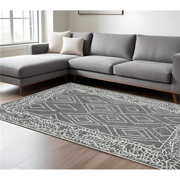 HomeRoots 570325 8 x 10 ft. Gray & Ivory Wool Geometric Hand Hooked Rectangle Area Rug