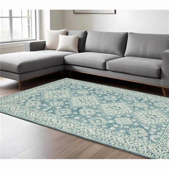 HomeRoots 570366 8 x 11 ft. Aqua & Ivory Wool Oriental Hand Hooked Rectangle Area Rug