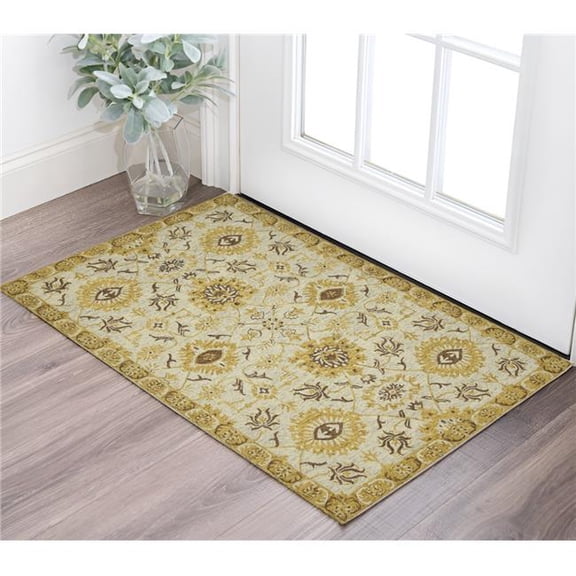 HomeRoots 570399 2 x 3 ft. Gold Beige & Brown Wool Floral Medallion Hand Hooked Rectangle Area Rug