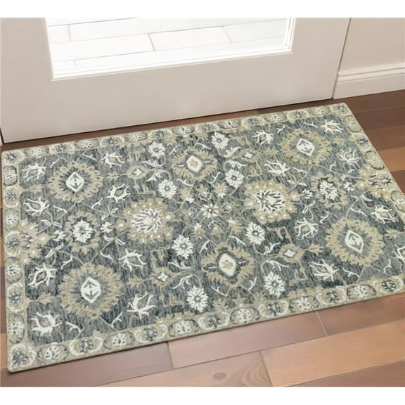 HomeRoots 570415 2 x 3 ft. Gray Ivory & Beige Wool Floral Medallion Hand Hooked Rectangle Area Rug