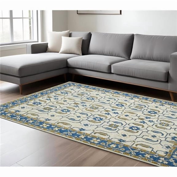 HomeRoots 570421 8 x 10 ft. Blue Beige & Brown Wool Oriental Hand Hooked Rectangle Area Rug