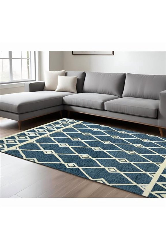 570441 8 x 10 ft. Blue & Ivory Wool Argyle Hand Hooked Rectangle Area Rug