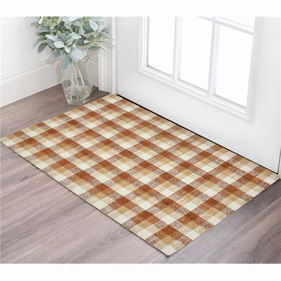 HomeRoots 570540 2 x 3 ft. Wool Plaid Hand Tufted Rectangle Area Rug, Orange Beige & Brick Red