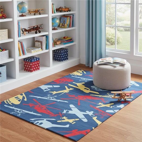 HomeRoots 573582 4 x 5 ft. Blue Yellow & Red Helicopter Youthful Washable Round Rug
